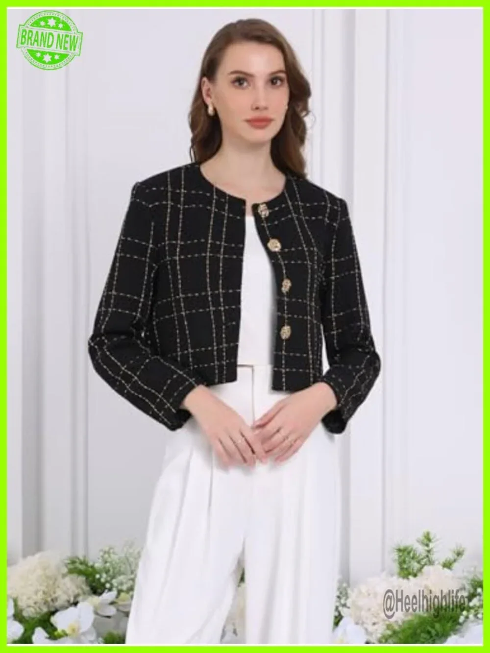 Womens Collarless Blazer Plaid Button Front Crop Tweed Jacket